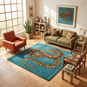 May include: A teal rug features a large snake design in brown, orange, and green. The room includes a brown leather armchair, a green sofa, and a patterned accent chair. A framed snake artwork hangs on the wall, complementing the rug's design. The room is well-lit.