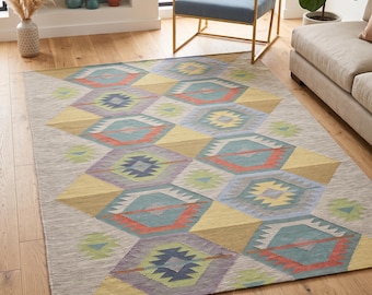 Handgewebter Woll-Kelims, geometrisches Ethno-Flachgewebe, skandinavischer Boho-Teppich