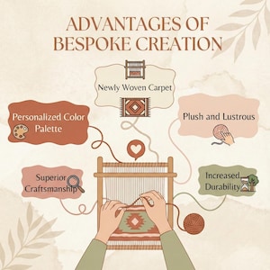 May include: An illustration showcasing the advantages of bespoke creation. The image highlights personalized color palettes, superior craftsmanship, and increased durability. Text includes "Advantages of Bespoke Creation", "Newly Woven Carpet", "Plush and Lustrous".