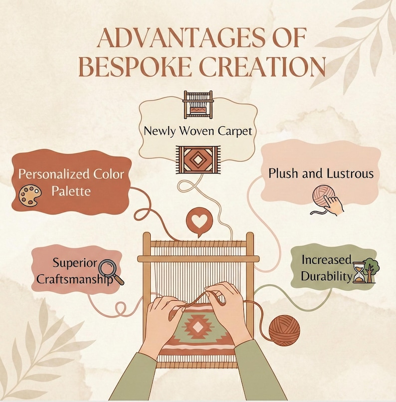 May include: An illustration showcasing the advantages of bespoke creation. The image highlights personalized color palettes, superior craftsmanship, and increased durability. Text includes "Advantages of Bespoke Creation", "Newly Woven Carpet", "Plush and Lustrous".