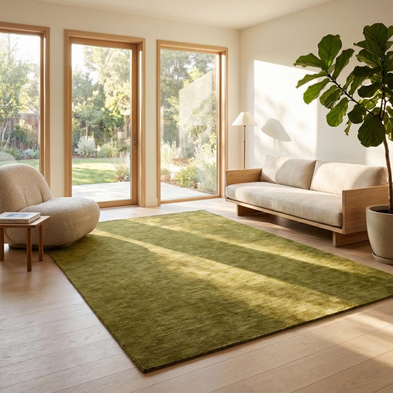 Hand Tufted Wool Rug | Olive Green Modern Minimalist Carpet for Living Room