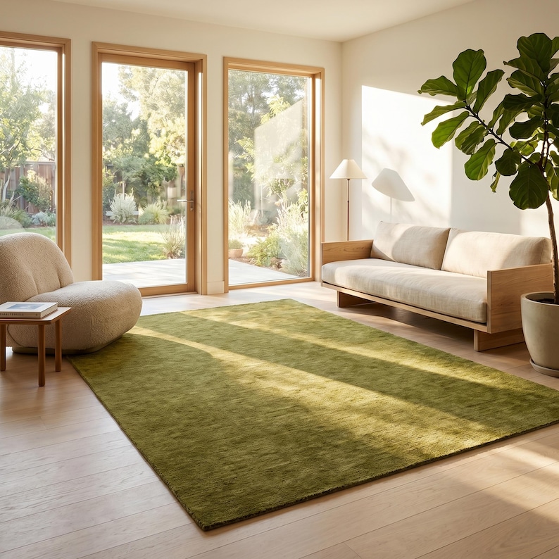 May include: A modern living room with a large, rectangular green rug. The room features a light-colored sofa, a round chair, and a potted plant. Large windows and doors provide natural light and a view of the outdoors.