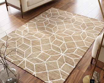 Handwoven Wool Jute Kilim Rug – Geometric Flatweave Scandinavian Boho Area Rug, Living Room Carpet