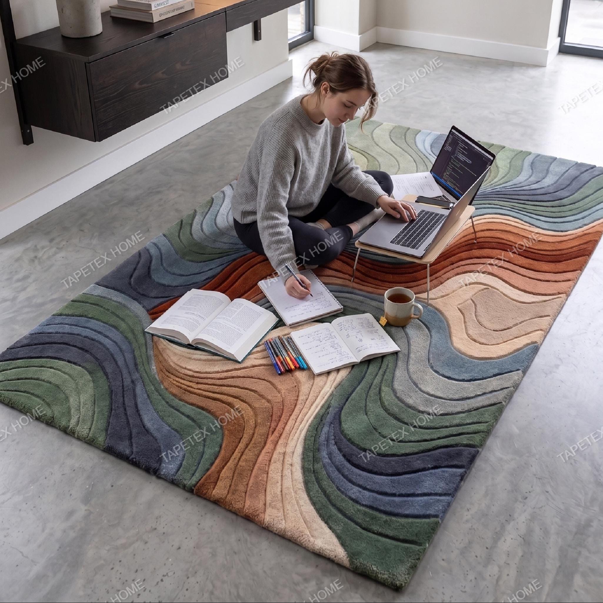 Hand Tufted Wool Rug, Abstract Topographic Wave Carpet, Green Blue Rust ...