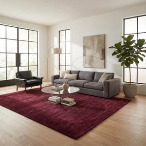 May include: A modern living room featuring a large burgundy area rug, a gray sofa with accent pillows, and a black leather armchair. A glass coffee table displays books and a vase. Large windows and a potted plant complete the scene.