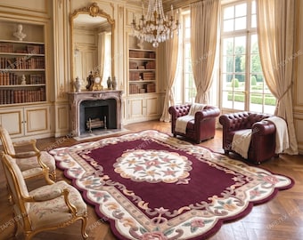 Alfombra floral festoneada, alfombra vintage burdeos tejida a mano, alfombra rosa estilo cottage hecha a mano