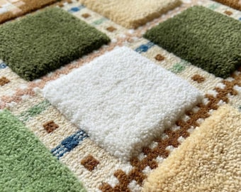Alfombra de lana tejida a mano con diseño de tablero de ajedrez, alfombra geométrica escandinava, decoración moderna para el hogar en color verde.