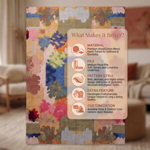 Puede incluir: Una alfombra abstracta con una mezcla de patrones florales y geom&eacute;tricos en tonos rosa, azul, verde y amarillo. El texto "What Makes It Better?" es visible, con detalles sobre el material, la pila, el estilo del patr&oacute;n, las caracter&iacute;sticas adicionales y la personalizaci&oacute;n.