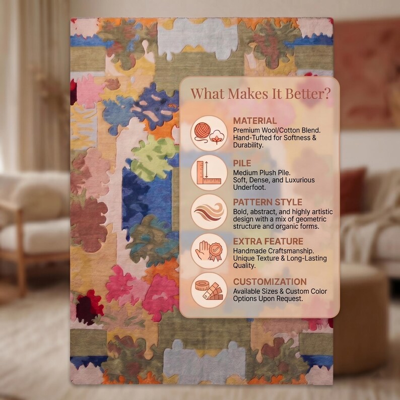 Puede incluir: Una alfombra abstracta con una mezcla de patrones florales y geom&eacute;tricos en tonos rosa, azul, verde y amarillo. El texto "What Makes It Better?" es visible, con detalles sobre el material, la pila, el estilo del patr&oacute;n, las caracter&iacute;sticas adicionales y la personalizaci&oacute;n.