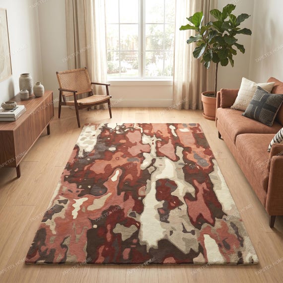 Abstract Modern Wool Rug, Burgundy Area Rug, Retro Contemporary Handmade Carpet
