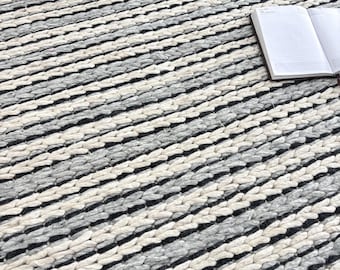 Hand Woven Wool Cable Knit Rug | Neutral Striped Textured Carpet |  Chunky Living Room Rug