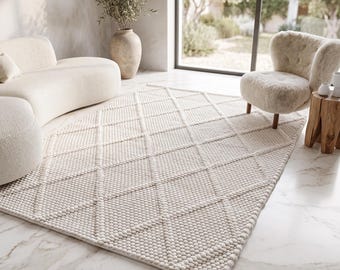 Alfombra de lana gruesa tejida a mano, estampado de rombos color marfil, estilo bohemio escandinavo.