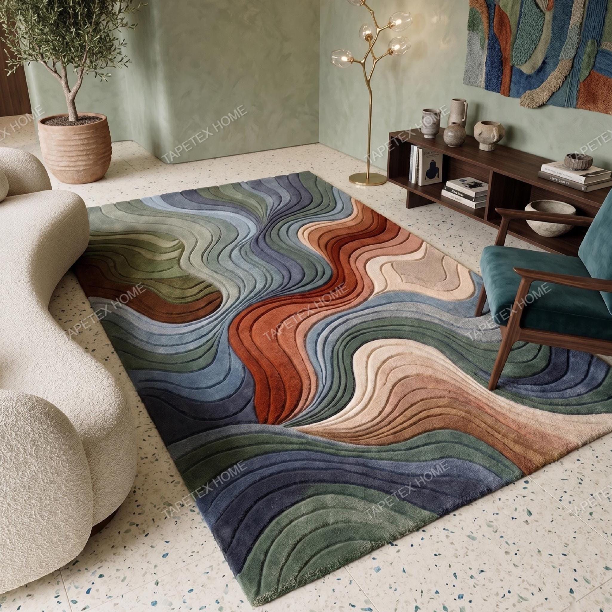 Hand Tufted Wool Rug, Abstract Topographic Wave Carpet, Green Blue Rust ...