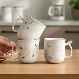 以下が含まれることがあります： 花柄の白い陶器製マグカップ3点。1点はもう1点の上に斜めに置かれ、赤いベリーの模様が描かれています。下のマグカップにはピンクの花が、3点目のマグカップには青いアクセントのついた大きな白いエンボス加工の花が描かれています。