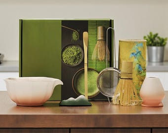 Floral Embossed 7 Piece Matcha Bowl: Japanese Matcha Gift Set