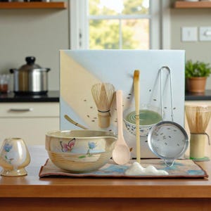 May include: A matcha tea set featuring a ceramic bowl, whisk, spoon, and sifter. The bowl has a butterfly and floral design. A wooden spoon and whisk are included. The set is arranged on a wooden table.