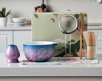 Hand-Painted Ceramic Matcha Bowl Set: Japanese Tea Ceremony Gift