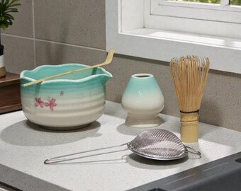 Ceramic Floral Matcha Set: Ribbed Japanese Tea Bowl, 5 Piece Gift