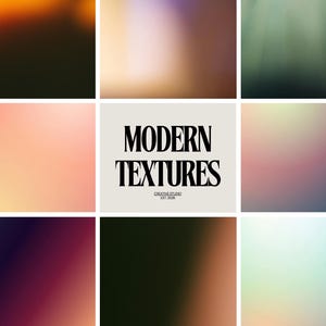 Puede incluir: Una colección de nueve fondos abstractos con gradientes borrosos en varios colores, incluyendo naranja, rosa, verde y morado. La imagen central presenta el texto "MODERN TEXTURES" en negrita negra, con "CREATIVE STUDIO EST. 2006" debajo.