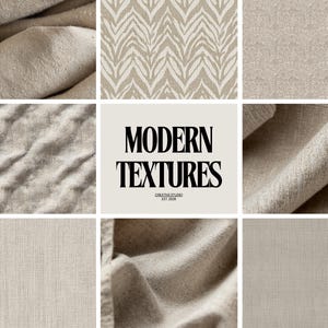 Könnte beinhalten: Eine Collage von Stofftexturen in neutralen Farbtönen. Das Bild zeigt Nahaufnahmen von gefaltetem Leinen, gemusterten Geweben und verschiedenen Textiloberflächen. Der zentrale Text lautet "MODERN TEXTURES" mit "CREATIVE STUDIO EST. 2020" darunter.