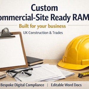 May include: An image featuring construction and business-related items. A yellow hard hat, clipboard with pen, safety glasses, calculator, notepad, documents, and a tape measure are arranged on a wooden surface. Text reads "Custom Commercial-Site Ready RAMS".
