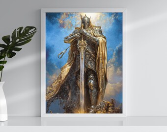 Golden Knight Oil Painting – Holy Light Paladin, Divine Sword (Printable PNG) | Art Print