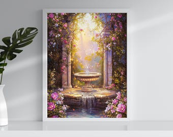 Giardino medievale mistico – Stampa artistica digitale fantasy / Fontana incantata, rose e bagliore magico