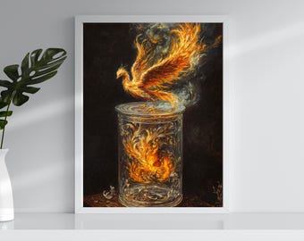 Lámina artística de Fénix / Ave mítica de fuego en frasco de cristal (Descarga digital)