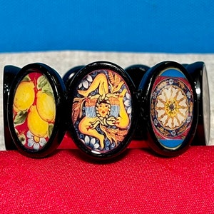 Sicilian Themed Stretch Bracelet Nine Colorful Images in Altered Art Acrylic Icons Trinacria Testa di Moro Carretto Ceramics Mt Etna & More image 1