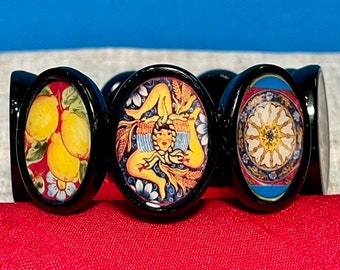 Sicilian Themed Stretch Bracelet Nine Colorful Images in Altered Art Acrylic Icons Trinacria Testa di Moro Carretto Ceramics Mt Etna & More