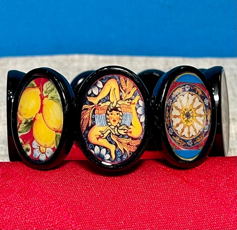 Sicilian Themed Stretch Bracelet Nine Colorful Images in Altered Art Acrylic Icons Trinacria Testa di Moro Carretto Ceramics Mt Etna & More image 1