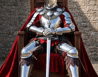 Armatura da cavaliere medievale con mantello rosso – Costume integrale in acciaio – Costume da cavaliere rinascimentale – Armatura per LARP medievale