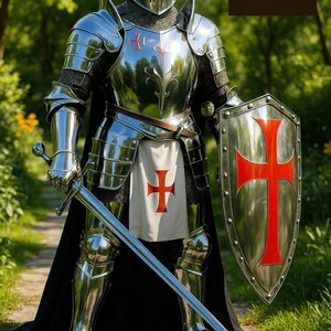 Set completo di armatura da cavaliere medievale / acciaio lucidato a specchio, scudo templare immagine 2