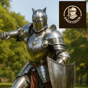 K&ouml;nnte beinhalten: Eine vollst&auml;ndige R&uuml;stung aus poliertem Stahl, einschlie&szlig;lich Helm, Brustplatte und Beinschutz. Der Ritter h&auml;lt einen Schild und posiert auf einer Wiese. Das Knightorium-Logo befindet sich in der oberen rechten Ecke.