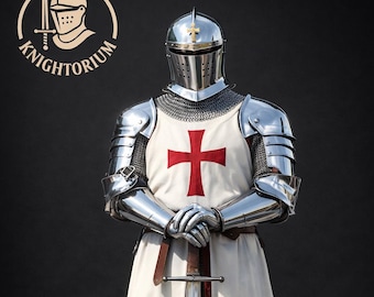 Mirror Polished Templar Knight Armor Suit with Red Cross Tabard – Full Body Medieval Crusader Steel Armor for Display, Cosplay