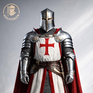 Knight Templar Full Plate Armor Suit | Medieval Crusader Knight Armor with Helmet & Red Cross Surcoat | Handcrafted Steel Armor Display