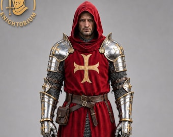 中世テンプル騎士団の鎧コスチュームセット、十字軍コスプレ衣装、赤いフード付きチュニック鎧、LARPルネッサンスウェアパーソナライズギフト