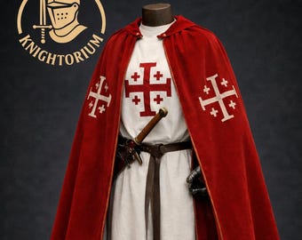 Medieval Crusader Tunic and Cape Set, Knight Templar Costume, Red Cloak with Cross, LARP Cosplay Outfit, Renaissance Clothing
