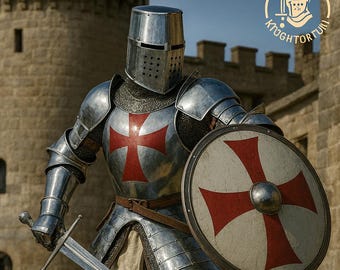 Premium Crusader Full-Body Medieval Knight Armor, Steel Suit with Shield, Cross Emblem – Ultra-Detail Collectible Cosplay  Display Armor Set