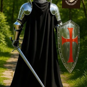 Set completo di armatura da cavaliere medievale / acciaio lucidato a specchio, scudo templare immagine 7
