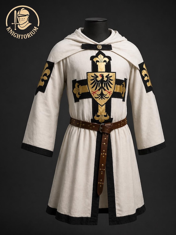 Medieval Knight Tunic with Cape, Crusader Costume, Templar Outfit, LARP Clothing, Handmade Renaissance Cloak Cosplay Robe