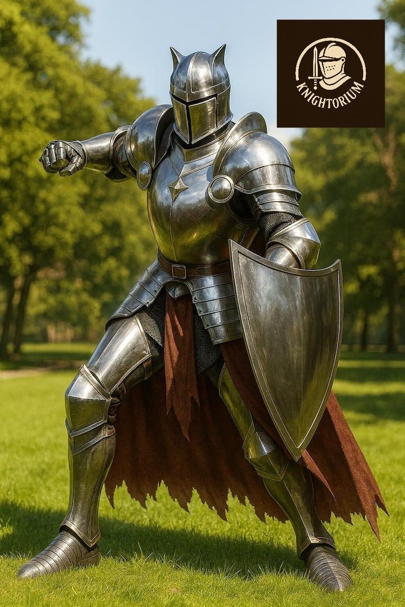 K&ouml;nnte beinhalten: Eine vollst&auml;ndige R&uuml;stung aus poliertem Stahl, einschlie&szlig;lich Helm, Brustplatte und Beinschutz. Der Ritter h&auml;lt einen Schild und posiert auf einer Wiese. Das Knightorium-Logo befindet sich in der oberen rechten Ecke.