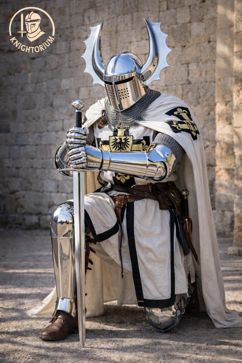 May include: A knight in full armor, kneeling and holding a sword. The armor is silver and reflective, with a helmet featuring large, decorative horns. The knight wears a white tunic and cape with black trim and heraldic emblems.