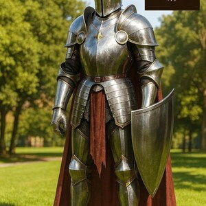 K&ouml;nnte beinhalten: Eine vollst&auml;ndige R&uuml;stung aus poliertem Stahl, einschlie&szlig;lich Helm, Brustpanzer und Beinschienen, steht auf einer Wiese. Die R&uuml;stung hat einen dunkelroten Umhang und einen Schild. Das Knightorium-Logo befindet sich oben rechts.