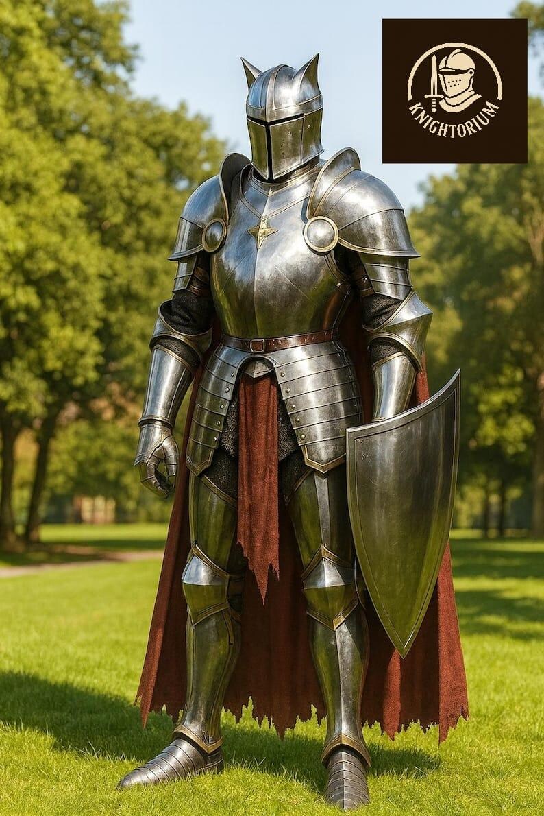 K&ouml;nnte beinhalten: Eine vollst&auml;ndige R&uuml;stung aus poliertem Stahl, einschlie&szlig;lich Helm, Brustpanzer und Beinschienen, steht auf einer Wiese. Die R&uuml;stung hat einen dunkelroten Umhang und einen Schild. Das Knightorium-Logo befindet sich oben rechts.