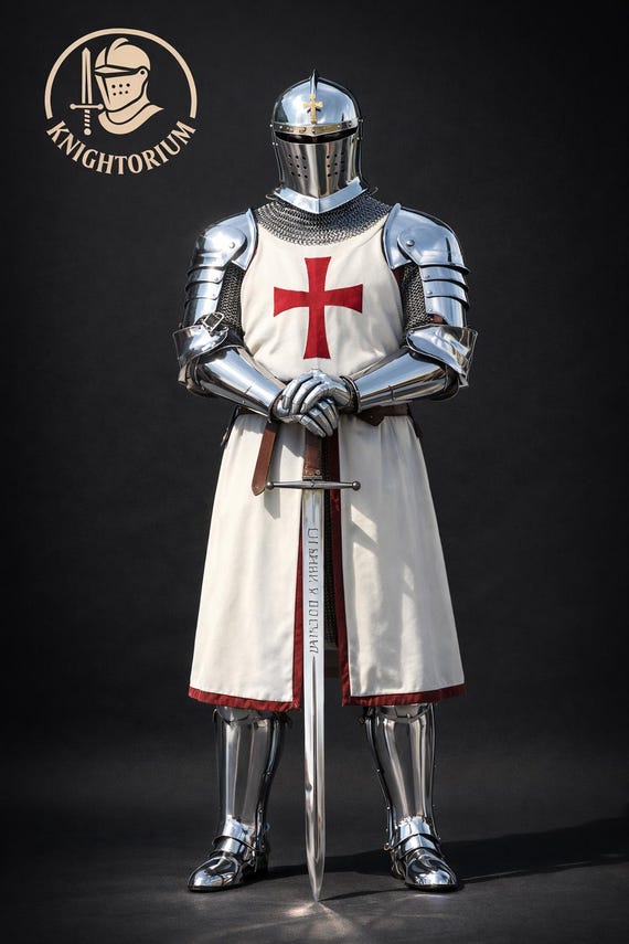 Mirror Polished Templar Knight Armor Suit with Red Cross Tabard – Full Body Medieval Crusader Steel Armor for Display, Cosplay