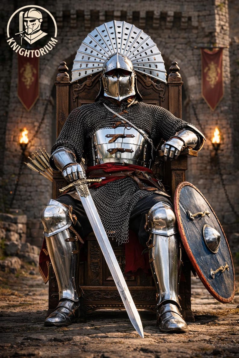 May include: A knight in full armor sits on a wooden throne, holding a sword and shield. The armor is silver and chainmail, with a red sash. The background includes a stone castle and banners. The image includes the text "KNIGHTORIUM".