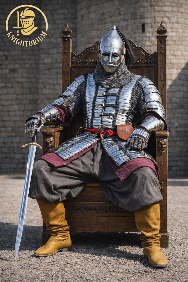 Op de afbeelding: Een persoon in volledige middeleeuwse wapenrusting, inclusief helm, mali&euml;nkolder en metalen platen, zit op een houten troon. De wapenrusting is zilverkleurig, met rode en grijze accenten. De persoon houdt een zwaard vast. Het logo "Knightorium" is zichtbaar.