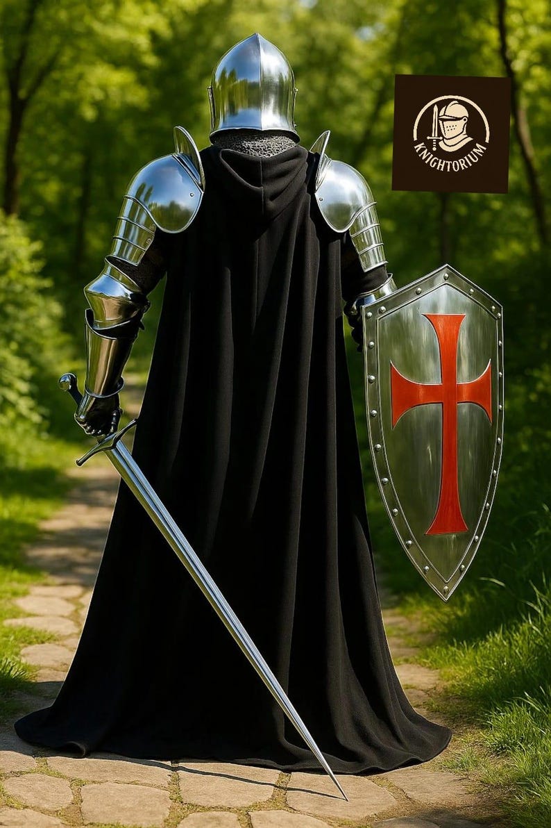 Set completo di armatura da cavaliere medievale / acciaio lucidato a specchio, scudo templare immagine 12