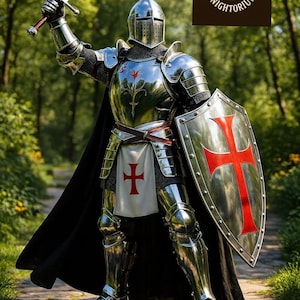 Full Medieval Knight Armor Set | Mirror Polished Steel, Templar Shield